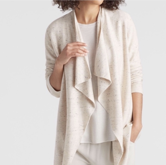 Eileen Fisher Cotton Wool Blend Cascading Open Front Cardigan Large Ivory Black - Picture 1 of 8